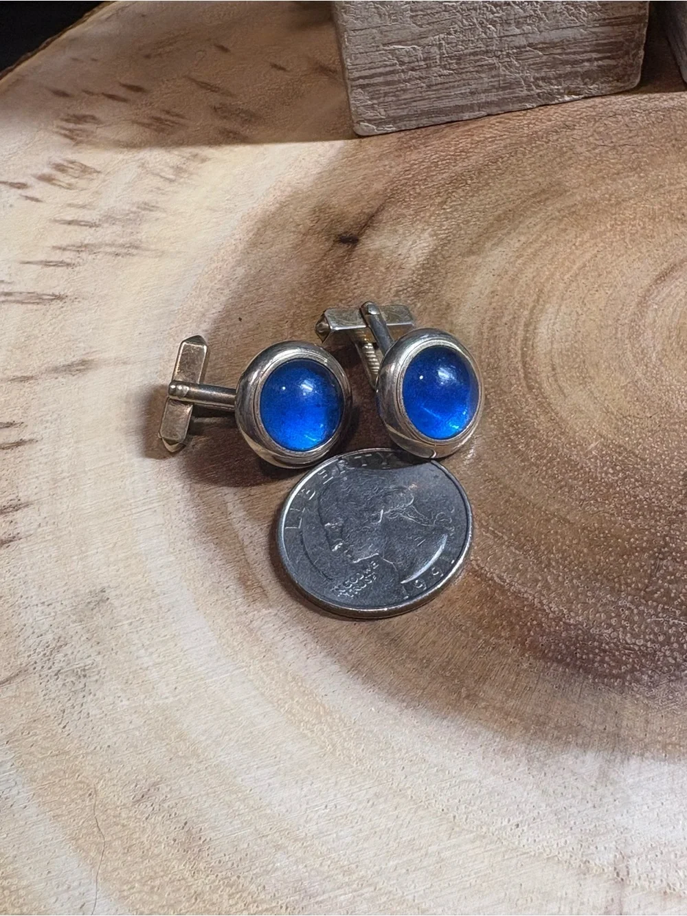 SWANK Silver Round Cufflinks with Deep Blue Glass